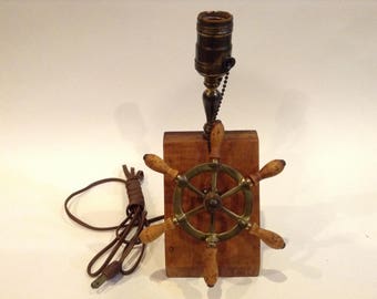 Vintage Brass & Wood Ship Wheel Lamp Décor Solid Wood Base Fully Functional Nautical Themed Home / Office Collectible
