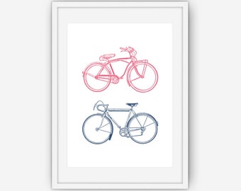 Bicycle Print, Bike Print, Colored Print, His and Hers Bicycle Print, Bicycle Wall Art, Bicycle Print, Wall Art, Printable, Instant Download