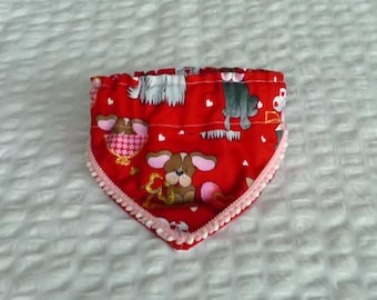 Pet Bandana, Love Pups Fancy Bandanchy - pink & white fixed pom trim - Size S: 12" to 14" neck