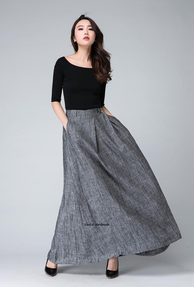 grey skirt maxi skirt long skirt pleated skirt Gray skirt