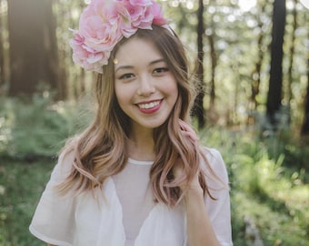 pink statement wedding flower crown // flower crown fascinator, spring racing flower crown, statement floral headpiece headband
