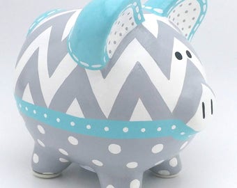 Chevron and Polka Dot Personalized Piggy bank in Aqua Blue and Grey