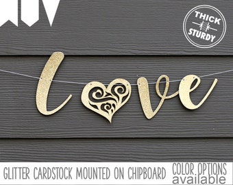 love banner, with lace heart, wedding banner, engagement, valentine's decor, glitter party decorations, cursive banner