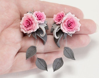 Pink rose earrings. Dangle earrings. Pink flower earrings. Polymer clay jewelry. Rose jewelry. Pink Bridesmaids gift. Pink gray earrings.