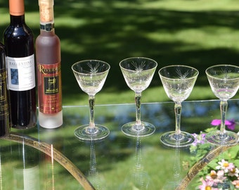 Vintage Starburst Etched Tall Cocktail - Martini glasses, Set of 4, circa 1950's, Vintage Etched Starbursts Wine Cordials