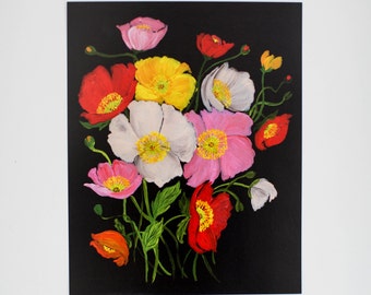 Painted Florals - Colorful Icelandic Poppies on Black - Floral Print - 8 x 10