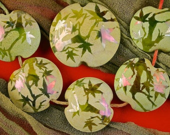 Lampwork Bead Set of 6 "Woodland Canopy" Sandblasted Iridescent Glass Handmade Lentil Beads Set SRA ~ Meadow Shades