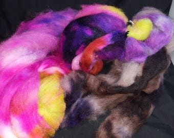 Alpaca cormo wool firestar roving hand dyed tuscany chartruse pink purple brown