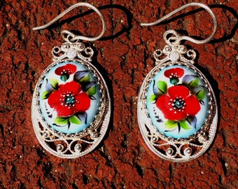 Russian Rostov Finift Earrings hand painted. Blue-red floral.