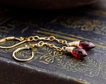 Garnet Earrings, Drop Earrings, Garnet Jewelry, January Birthstone, Wire Wrapped, 14K Gold Filled, Birthstone Jewelry, Crimson, PoleStar