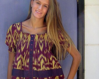 Ikat Blouse . Peasant Blouse . Smocked Ikat Blouse . Folk Blouse . ikat . smocked top