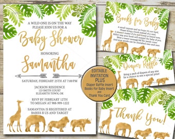 Gold Safari Baby Shower Invitation kit, Editable invite template Book for Baby, Diaper Raffle & Thank You, Greenery Jungle Baby Shower P33