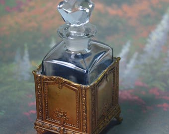 eb2229 Perfume Bottle Antique Victorian Footed Bronze ? Brass ? Holder for Glass Bottle with Stopper Vanity Early 1900s