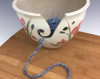 Yarn bowl, Pottery Yarn Bowl, Yarn Holder, Knitting Bowl, Crochet Bowl, Poppies, Flowers