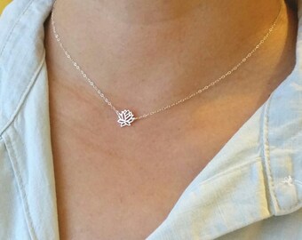 Tiny Sterling Silver Lotus Flower Necklace or Choker, Tiny Rose Gold Lotus Flower Necklace or Choker
