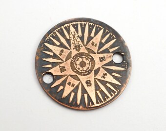 2 hole copper compass link, flat round metal etched bracelet component, 22mm