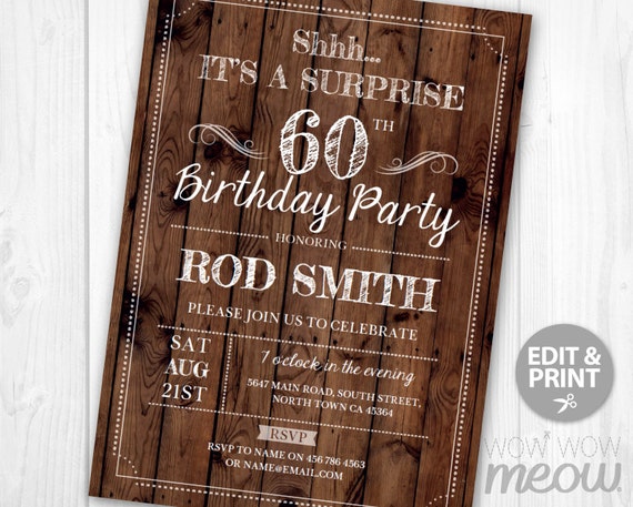 SURPRISE 60th Birthday Invitation Rustic Wood Sixty 60 Invite