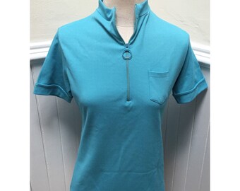Vintage 1970s Half-Zip Turquoise Blue Short Sleeve Shirt - M