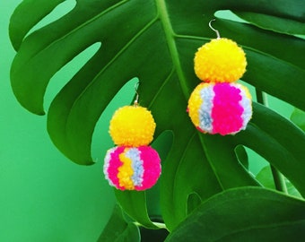 Yellow & Pink Stripey Twin PomPom Earrings
