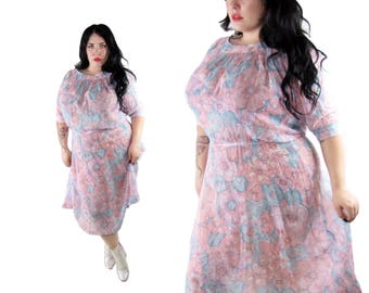 Plus Size Vintage 1970's Sheer Floral Dress - Size 1X