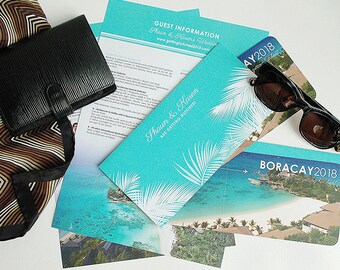Tropical Ticket Invitation with Travel Wallet and Info Sheet for Tropical Wedding