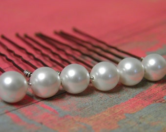 6 White 8mm Swarovski Crystal Pearl Hair Pins