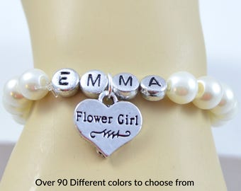 Name Flower Girl Bracelet , Flower Girl Gift, Personalized Jewelry, Monogram Bracelet, Wedding Jewelry, Pearl Bracelet, Flower Girl Jewelry