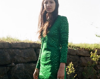 70s SM Emerald Green Sequined Maxi with Long Sleeves