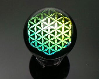 25mm Golden Green Fower of Life Dichroic Image Borosilicate Glass Marble with black back. Comes with stand, ships immediately!