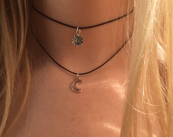 Double choker necklace silver sun and moon charms 90s Layered choker necklace on black cord