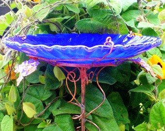 Stained Glass GARDEN, Garden BIRD BATH, 8.5" diameter, Bird Feeder, stained glass, fused glass, copper art, Cobalt Blue, Suncatcher