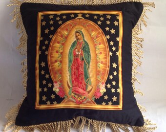 Virgin of guadalupe handmade fabric with gold tassel fringing, cushion, pillow. Black. Robert kaufaman fabric