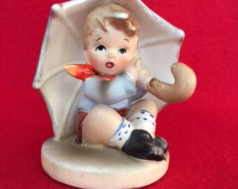 Vintage, Hand Painted, Hummel Style, Sitting Boy with Umbrella Figurine, Made in Japan, 1960s