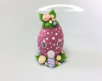 Easter egg fairy house in pink with Spring flowers handmade from polymer clay