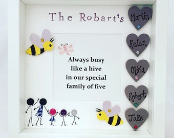 Personalised Family Frame, Gift For Family, Family Tree, Personalised Family, Family Box Frame, Family of Five, Our Family, Hearts, Bees