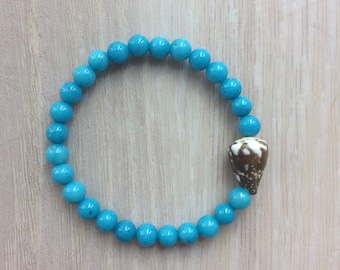 Seashell bracelet, cone shell bracelet with mountain jade beads, Hawaiian seashell jewelry, surfer girl bracelet
