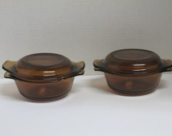 Vintage Set of 2 Anchor Hocking Fireking Oven Proof 12 ounce Amber Dishes with Lids