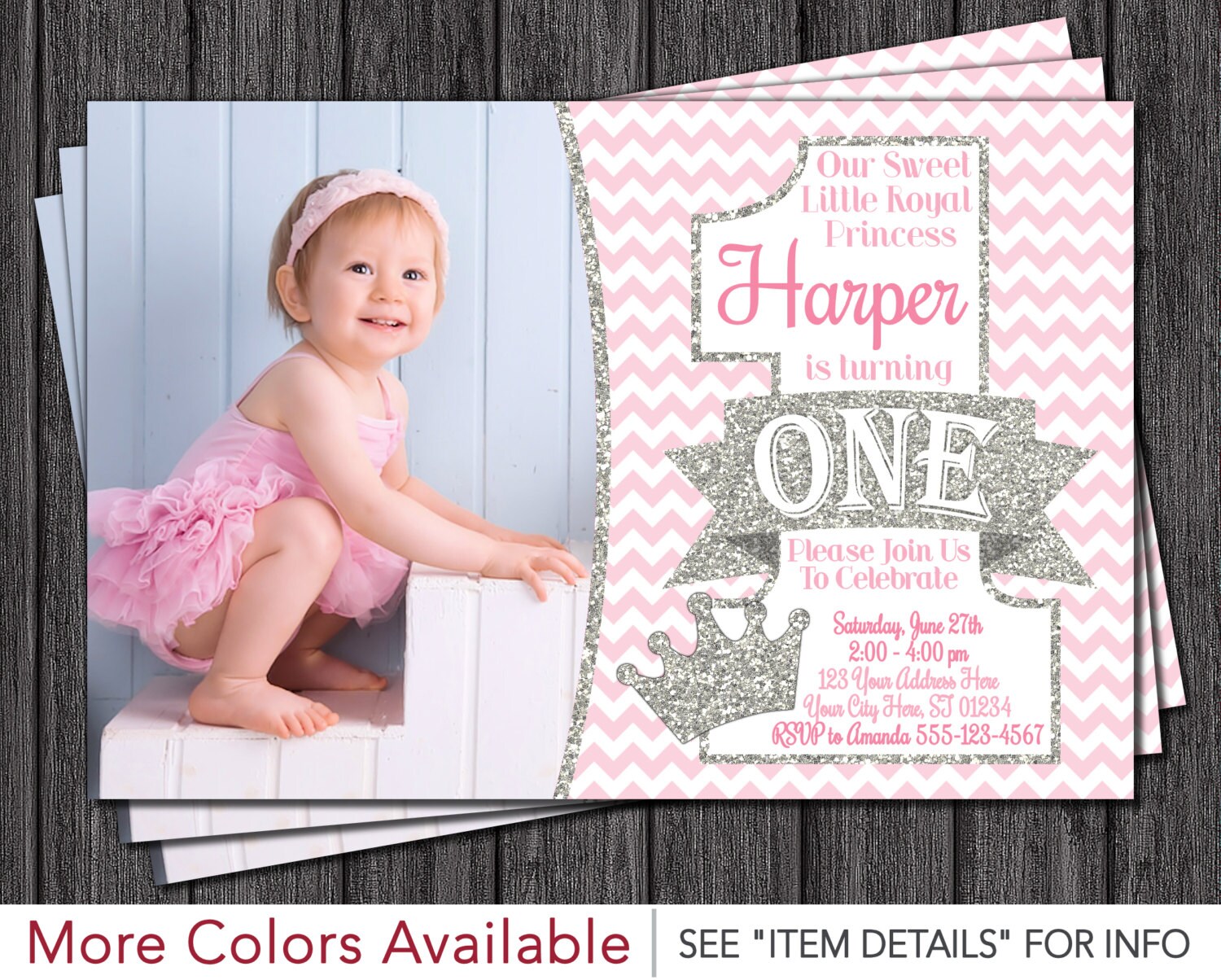 Princess First Birthday Invitation Pink and Silver 1st