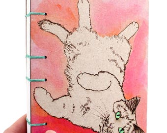 Pink Cat Journal - Lay Flat Journal - Unlined Journal - Coptic Stitch - 160 Pages - handmade by Ruth Bleakley