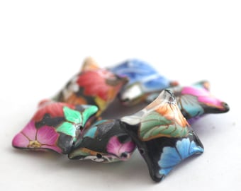Floral Explosion Beads, Polymer Clay Pillow Beads Set 6 Pieces