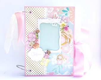 Cute baby girl scrapbook album, Pink and mint baby memory book, Baby shower gift, Baby first year book, Baby photo album, Baby journal