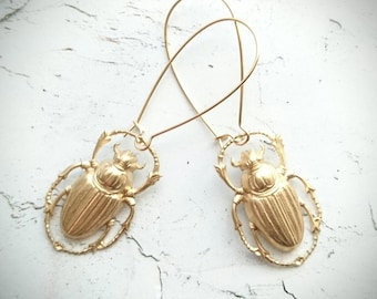 Gold Beetle Earrings Bug Earrings Insect Earrings Scarab Earrings Scarab Jewelry Beetle Jewelry Insect Jewelry Dangle Earrings Drop Earrings