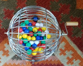 Vintage Bingo Ball Number Cage Spinner with Many Balls Retro Tumbler
