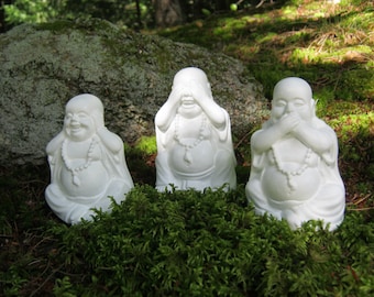 Buddha Statues, Three Laughing Buddha Figures, Hear No Evil, See No Evil, Speak No Evil, 3 Concrete Cement Buddhas, Home and Garden Decor
