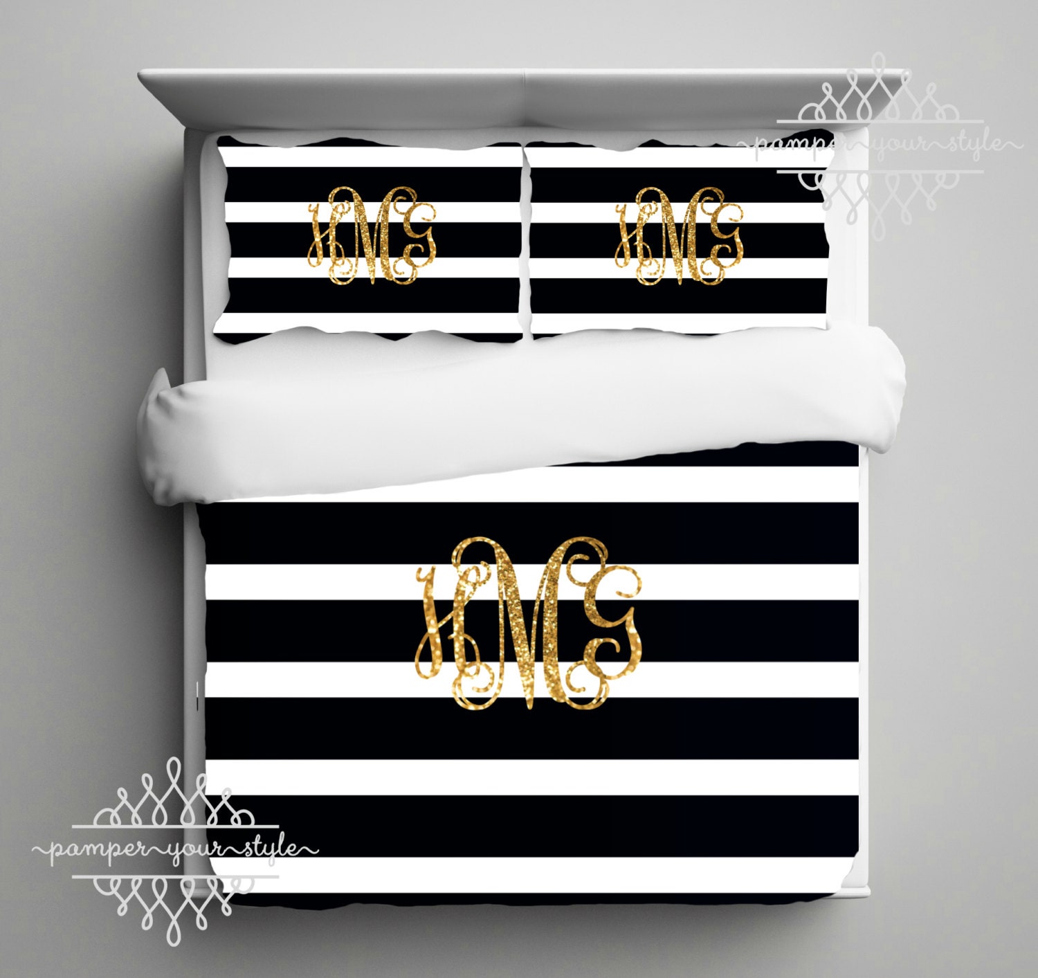 Gold Monogram Bedding Black and White Stripe Dorm forter