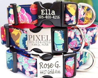 ELLA Floral Engraved Dog Collar - Personalized Dog Collar with 4 Nylon Colors to Choose From - ID Dog Collar - Custom Pet ID