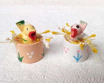 2 Vintage Easter Ornaments or Spring Decorations , Tiny Birds in Nest Baskets, Hand Painted Wood Easter Ornaments, Vintage Easter Decoration