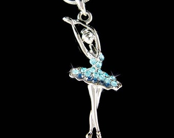Blue Swarovski Crystal BALLERINA Ballet Dance Girl Dancer dancing Pendant Necklace