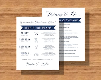 Double Sided Wedding Weekend Itinerary, Wedding Schedule of Events, Double Sided Wedding Itinerary with Things To Do While In Town Backside
