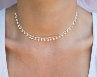 Bezel charm necklace - gold necklace - gold choker - choker necklace - cz necklace - cubic zirconia - silver necklace - choker - E3-CN-0143